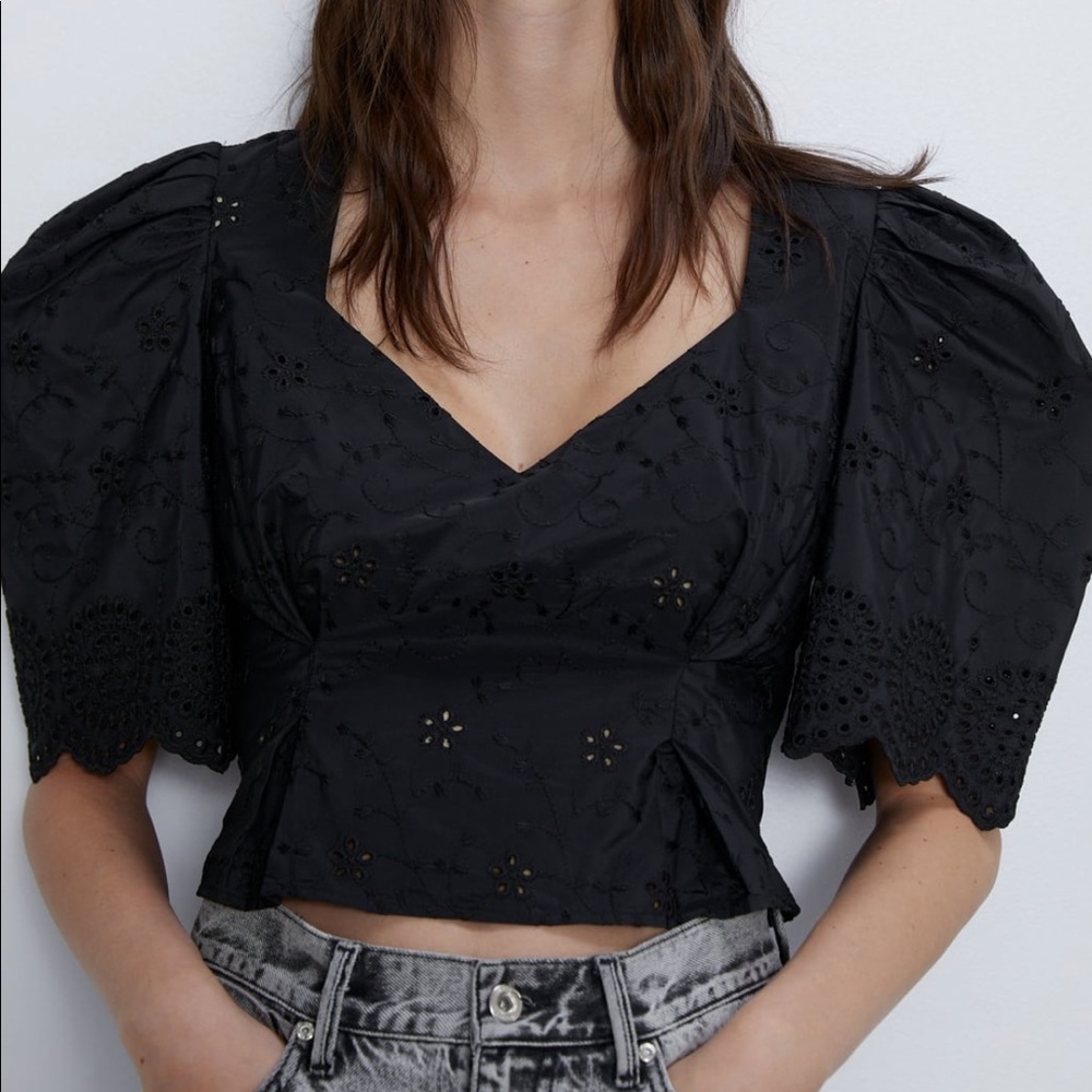 Zara open work embroidered balloon sleeves black top